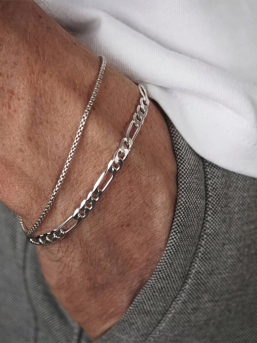 3/$35 NWT Men’s Silver Plated Figaro & Box Chain Layered Bracelet Stack Set